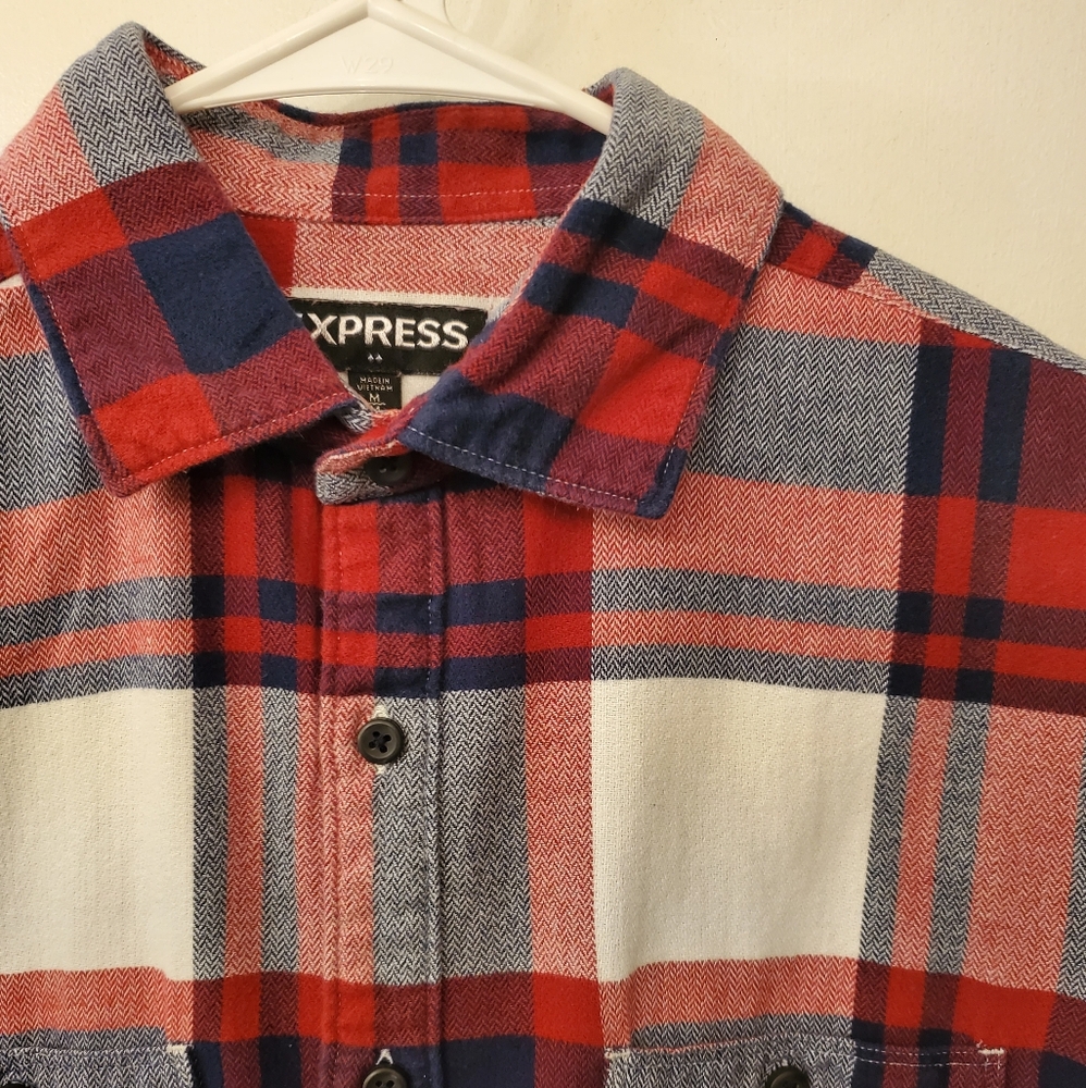 Express Red and Navy Plaid Casual Shirt